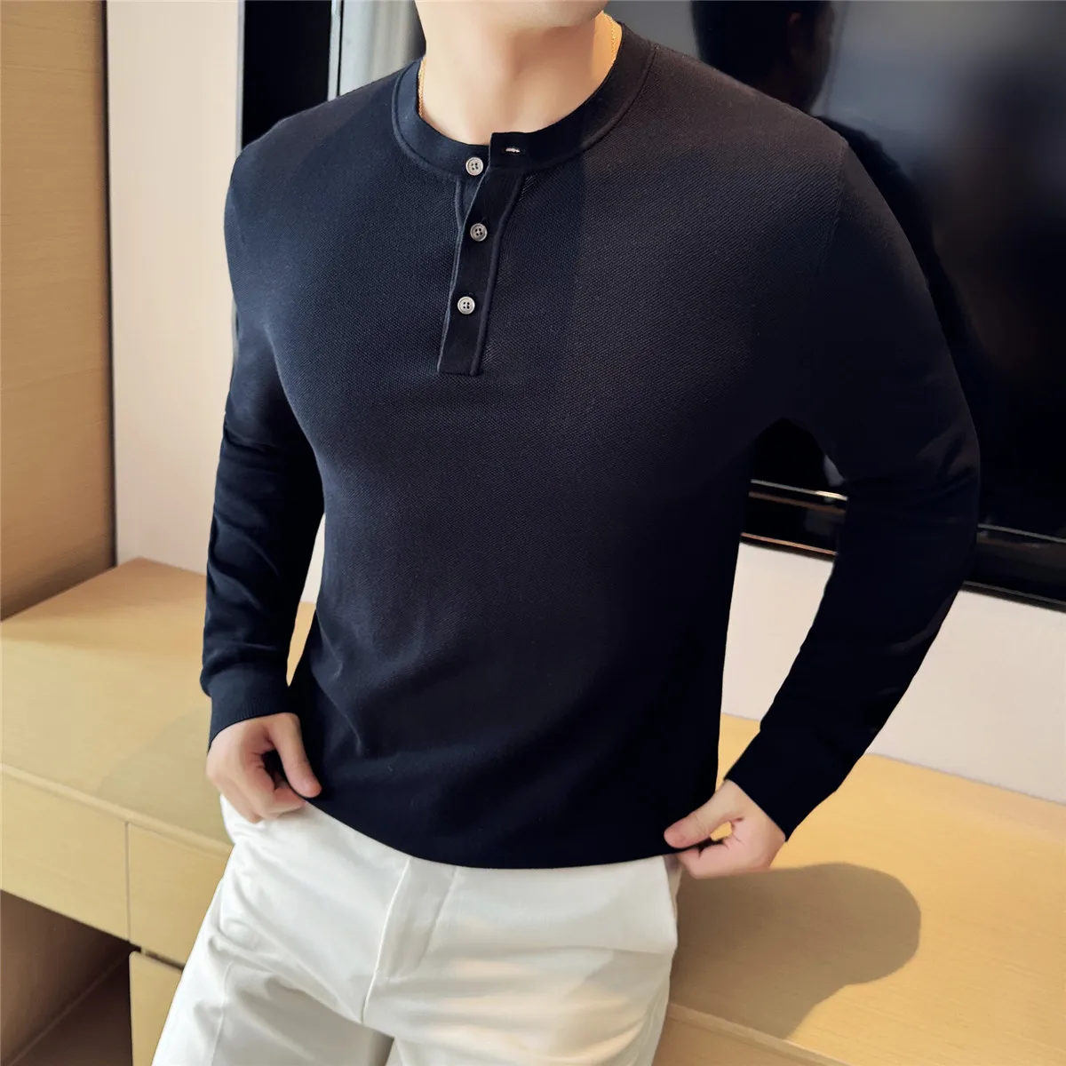 

New Spring Men's Button Long Sleeve Henley Neck T-Shirt Men Cotton Casual Solid Color Breathable Versatile Fashion Slim T-Shirts