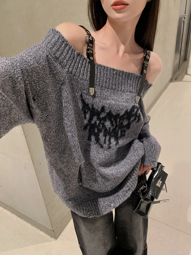 SONNEESD Winter Vintage Slash Neck Belt Design Pullovers Harajuku Style Full Sleeve Loose Hole Pendulous Knitting Sweater