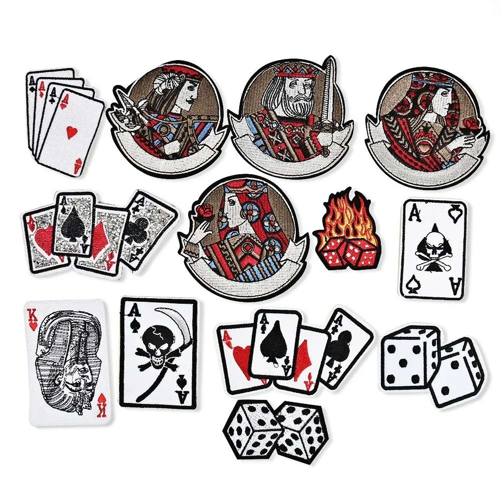 Playing Card Character Badge Embroidery Patch Poker Dice Applique King David Alexander Caesar Charlemagne Sticker Skull Gambling