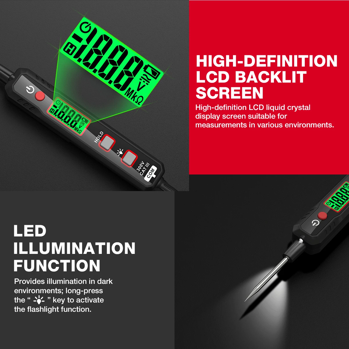 HABOTEST HT86A Electrical Line Tester Auto Car Voltage Detector Pen DC 300V Backlight Flashlight NCV Resistance