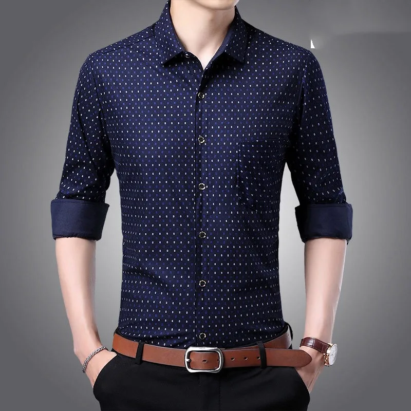 

Spring Autumn Men's Turn-down Collar Plaid Striped Printed Pocket Long Sleeved Button Cardigan Shirt Fashion Casual Formal Tops