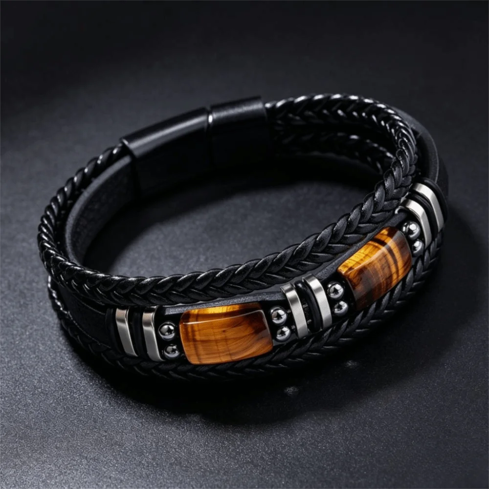 Wristband Bracelet Multi-Layer Tiger Eye Stone Bracelet Adjustabl Braided Leather Bracelet Retro Handmade Beaded Bracelet Unisex