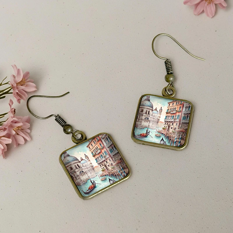 2025 New The Water City of Venice Square Earring Retro Glass Dangle Earrings Handmade Jewelry Gift