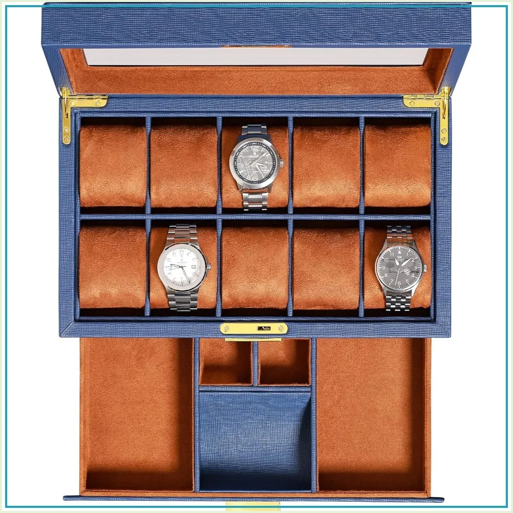 10-Slot Watch Box with Valet Drawer, Luxury Display Organizer with Glass Top, Soft Microsuede Liner for Watches Jewelry Sunglasses (Blue/Tan)