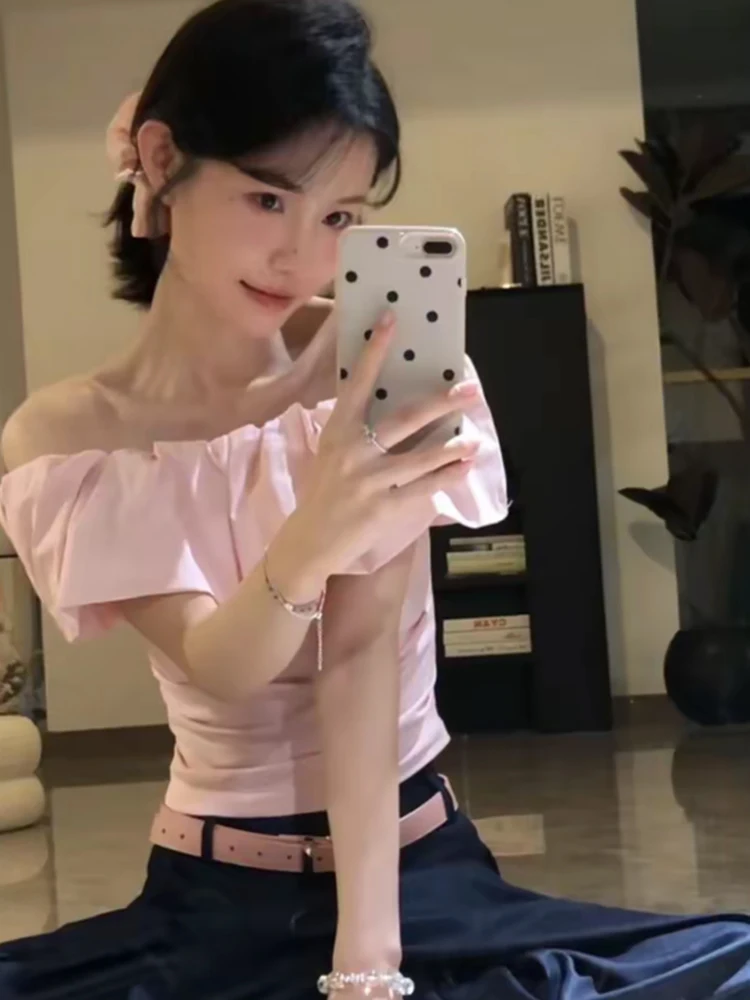 Sexy Sweet Girl Style Fashionable Slim Fit Shoulder Bared Hemline Detail Inner Pad Included Cotton Short Sleeve T Shirt