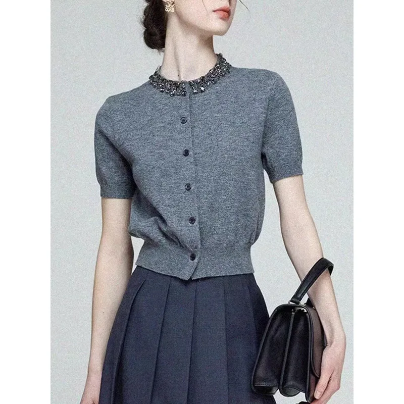 

Шелковый вязаный кардиган ort Sve Женская летняя футболка Heavy Embellied ay Color Wool Blend Полиэфирная ткань Обычная ткань...