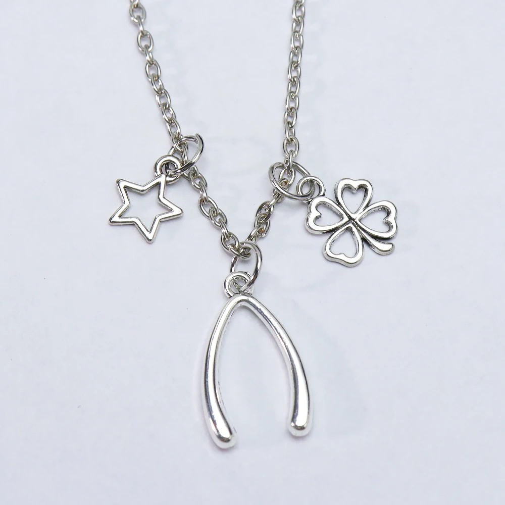 Vintage Wishbone Necklace for Women, Lucky Four Leaf Clover Star Pendant Necklace, Retro Alloy Dainty Choker Jewelry Gift