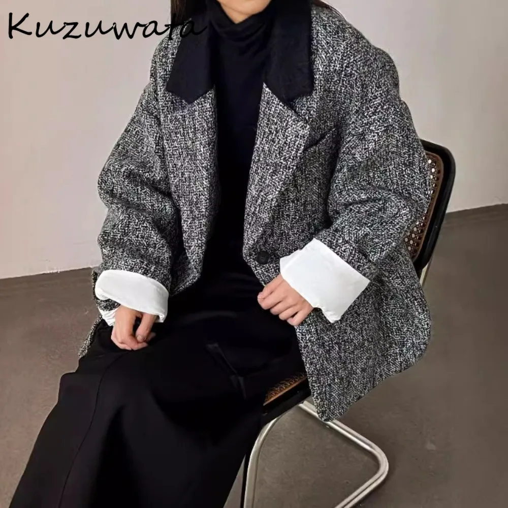 

Kuzuwata Vintage Personalized Moda Patchwork Coat Tweed Loose Casual Outwears Japan All-match High Street Trendy Hot Sell Jacket