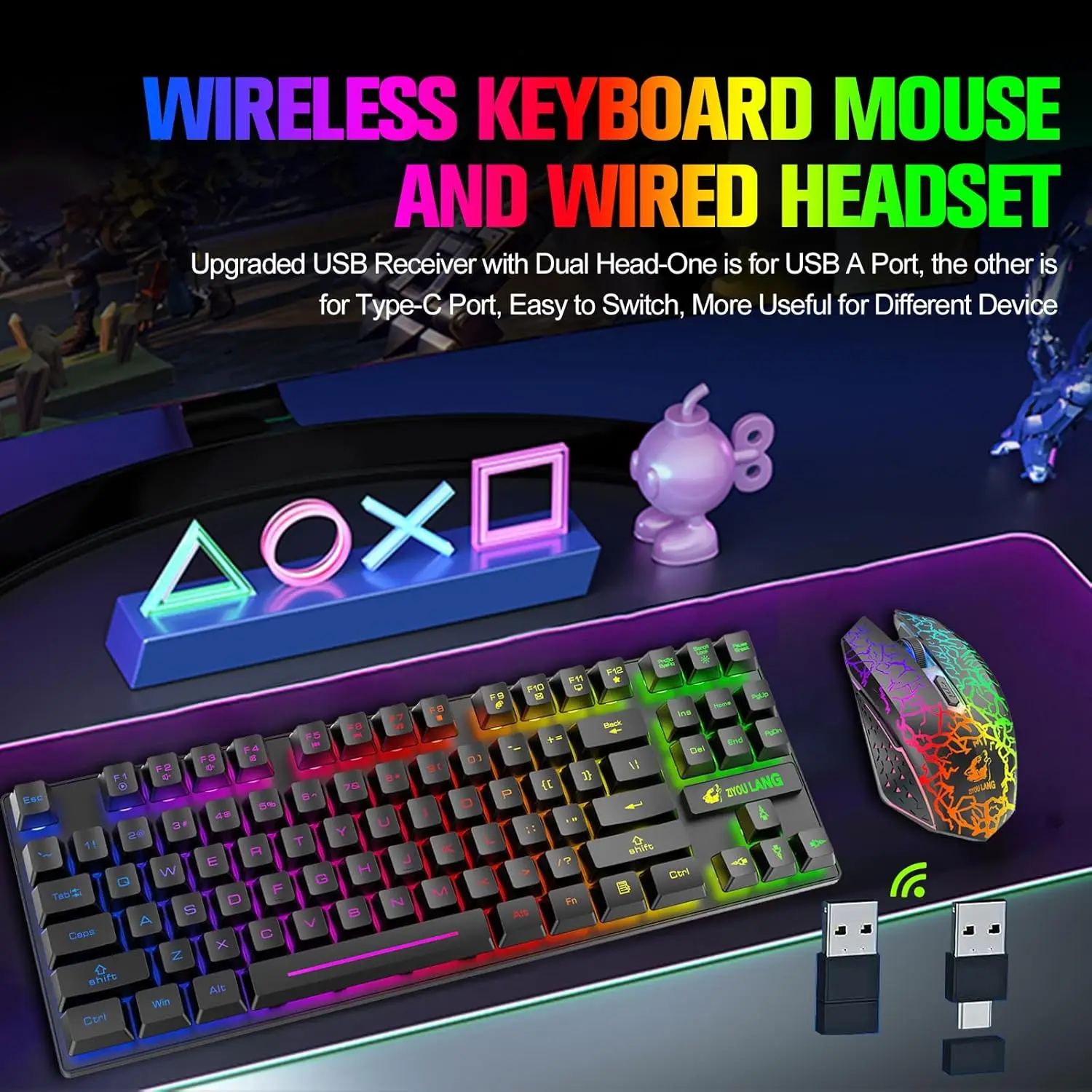 T87 Kabelloses Tastatur-Maus-Set, Regenbogen-Hintergrundbeleuchtung, 2,4 G wiederaufladbare Gaming-Tastatur, 2400 DPI, optische Gaming-Maus mit Mauspad