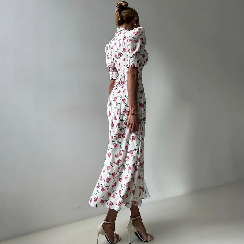 2025 new high-waisted floral print long dress, sexy cut-out lace dress, summer vacation dress with puffed sleeves