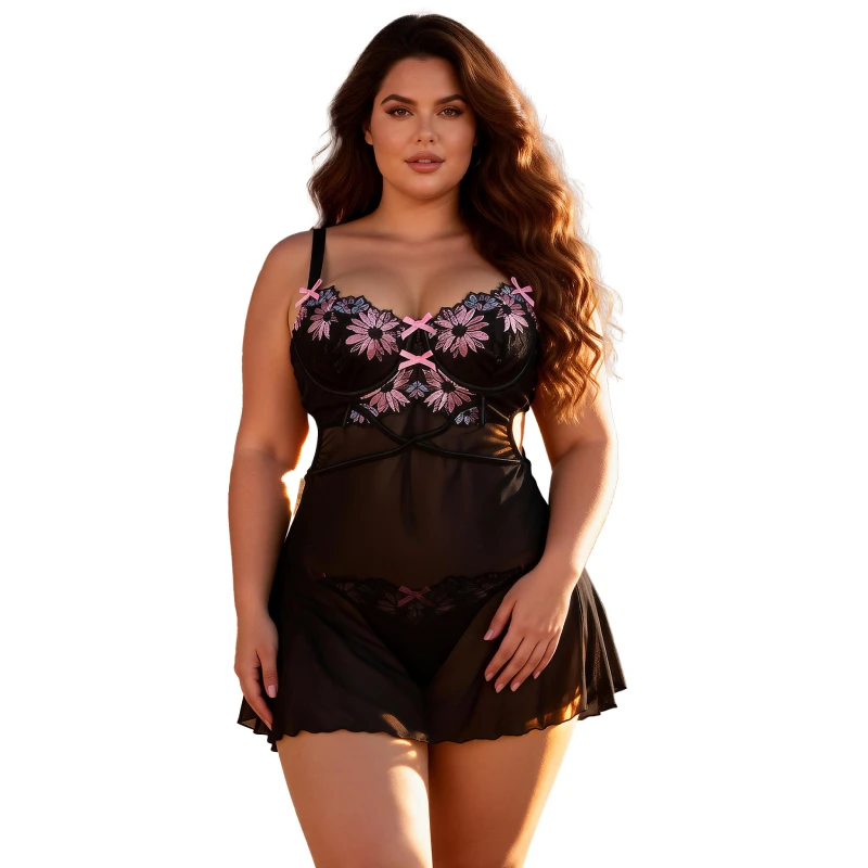 

Women Sexy Floral Embroidered Mesh Plus Size Babydoll Lingerie Underwire Chemise Nightgown Backless Lace Sleepwear with Thong