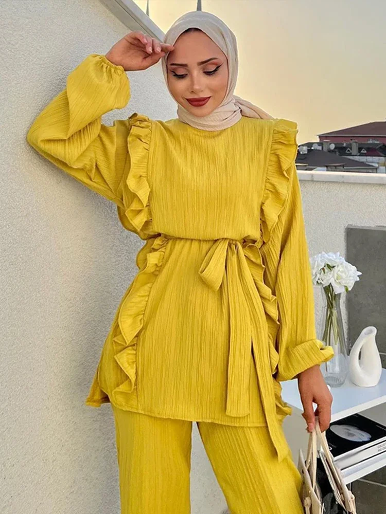 

Элегантный комплект рубашек на шнуровке с рюшами, женские однотонные рубашки с круглым вырезом и длинными рукавами-фонариками, свободные прямые брюки, весенне-летний женский комплект