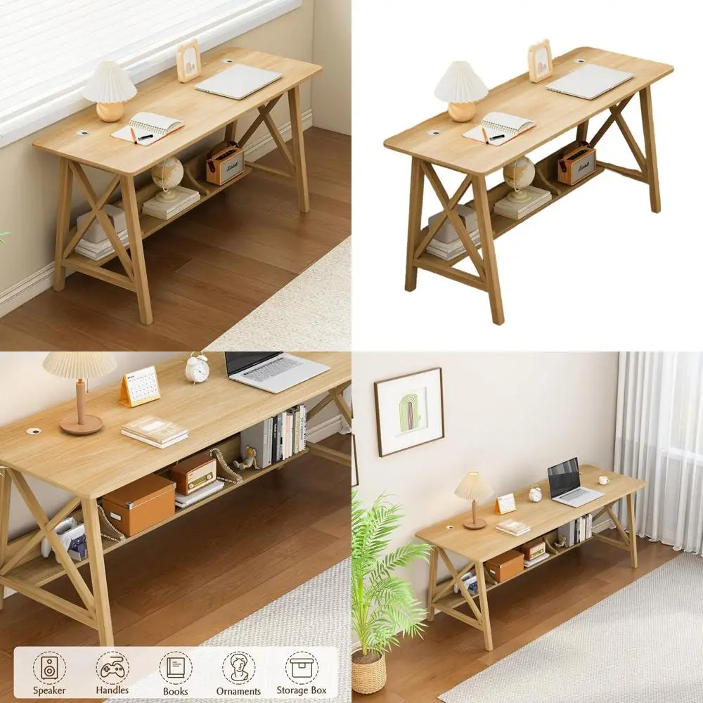Oak Wood Extra Long Study Desk with Storage Shelves, 47 Wide x 16 Deep x 30 High