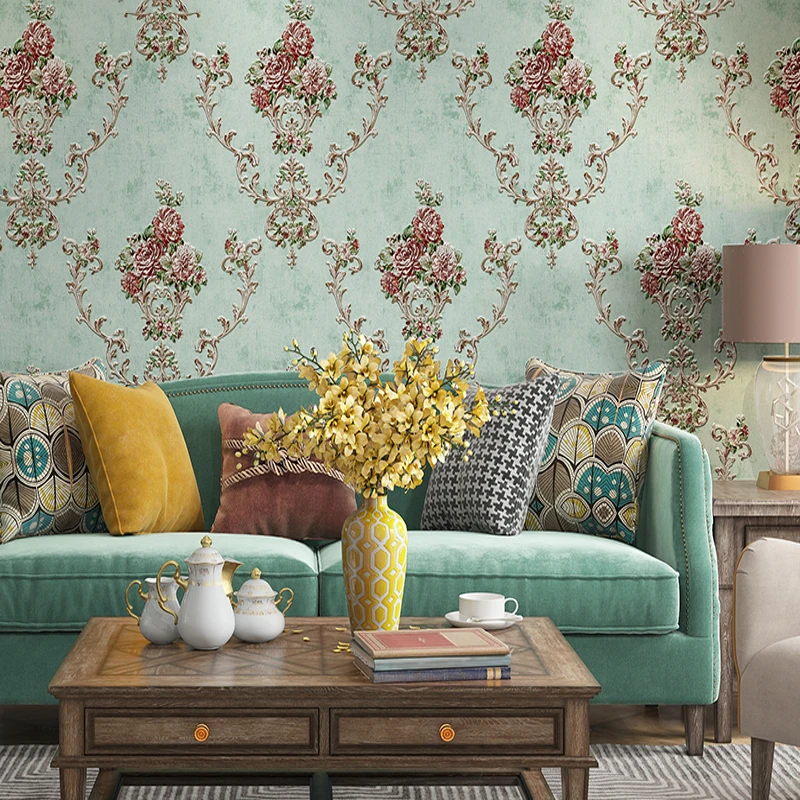 American Pastoral Floral Wallpapers Living Room Bedroom  AB Match Striped Wallpapers 3D Embossed Papel De Parede
