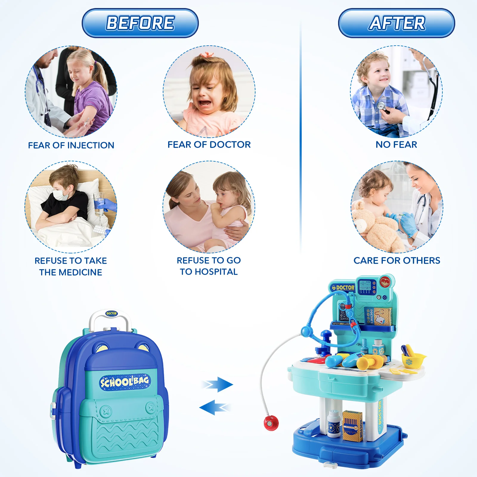 Toyvian-Kit de docteur simulé, ensemble de jeu de simulation 2 en 1, sac à dos Electrolux, jouet pour garçon, cadeaux pour fille, 31 pièces