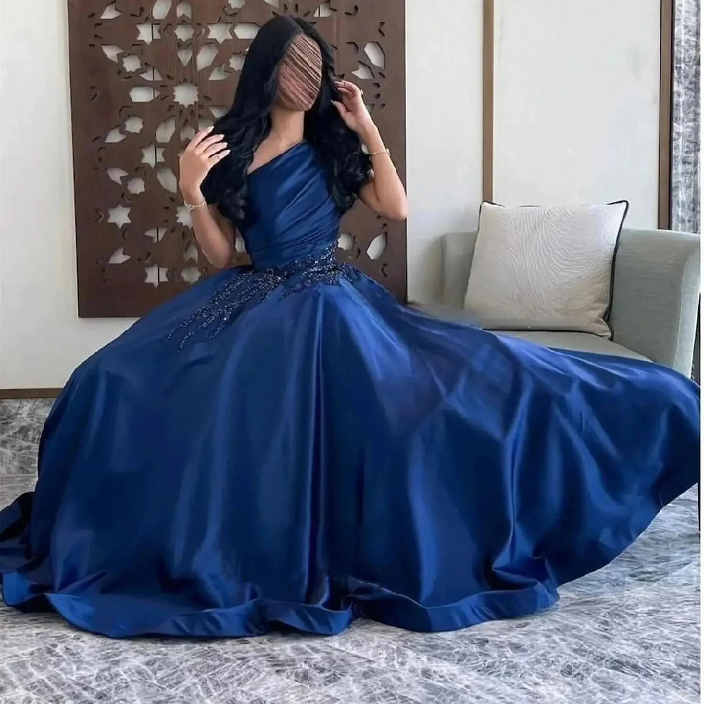 Robe de soirée en Satin bleu marine pour femmes, asymétrique épaule dénudée, robe formelle élégante pour bal, mariage, fête et Occasions spéciales