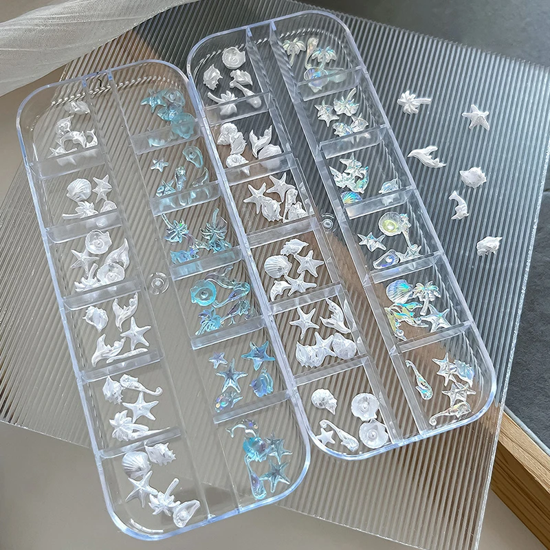 12Grid 60Pcs Ice-clear Seashell Starfish Ocean Series Nail Charms Resin Accessories Nail Art Decorations 3D Mixed Shell Manicure