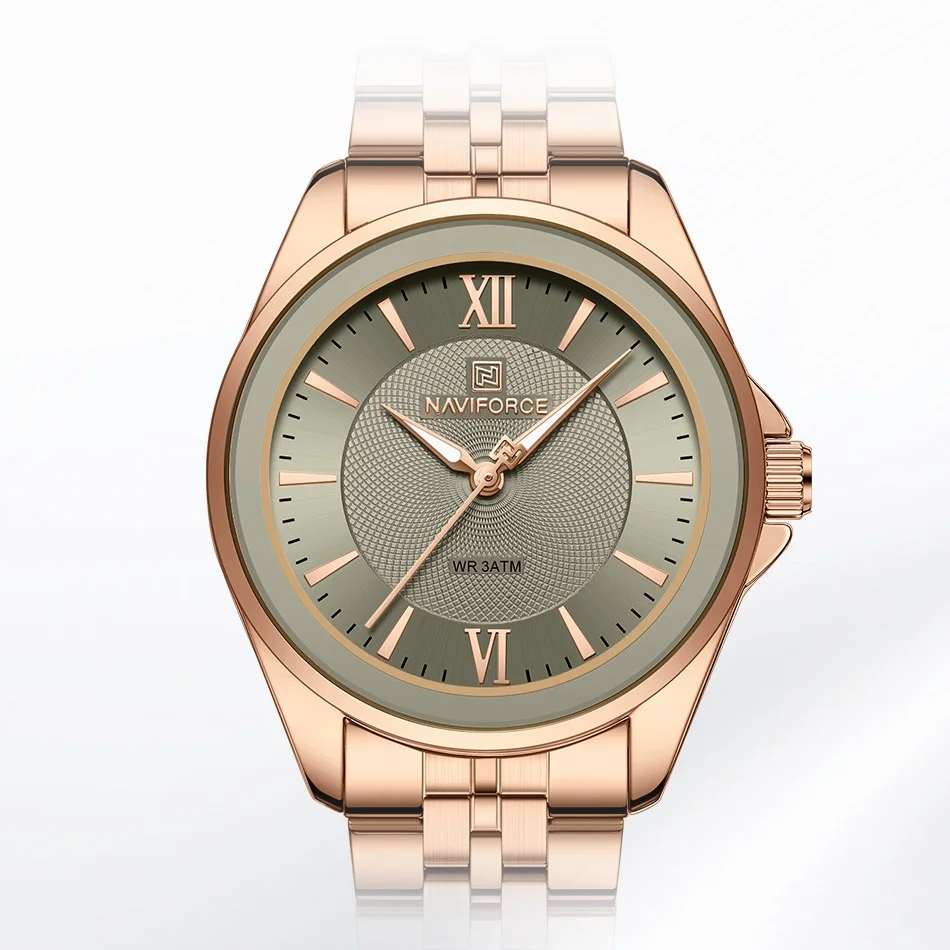 

Новые женские классические водонепроницаемые наручные часы NAVIFORCE, глубина 3 АТМ, круглый корпус, простой дизайн, ремешок из нержавеющей стали, часы