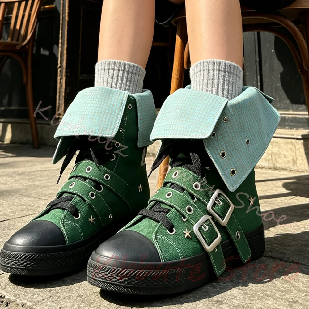 Canvas Ankle Boots Platform Vintage Retro Star Embellished Lace Up Buckle Strap Increased Sole Denim Sneaker Round Toe Shoes New