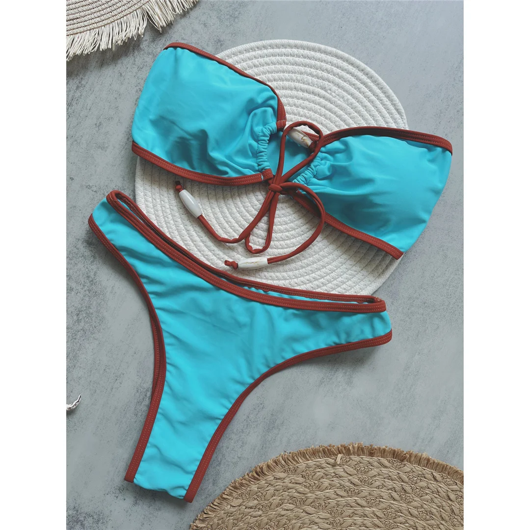 Bandeau-Bikini mit Knoten und hohem Beinausschnitt, brasilianischer Stil, Damen-Badeanzug, zweiteiliges Bikini-Set, Badebekleidung, Badeanzug, Modell V6402. – Detail 2