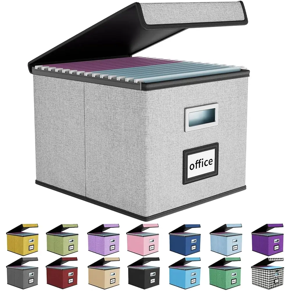 

Upgraded Portable File Organizer Box With Lid, Collapsible Linen Hanging Filing Storage Boxes With Plastic Slides, Decorative