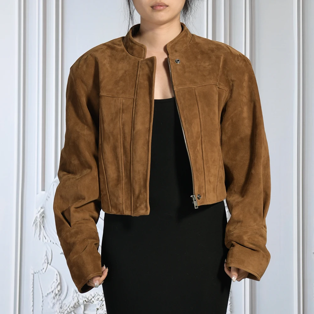 Jxwatcher Damen-Jacke aus echtem Wildleder, kurzer High-End-Mantel aus echtem Schaffell, für Damen, Herbst und Winter, Ziegenleder-Wildleder-Bombermäntel