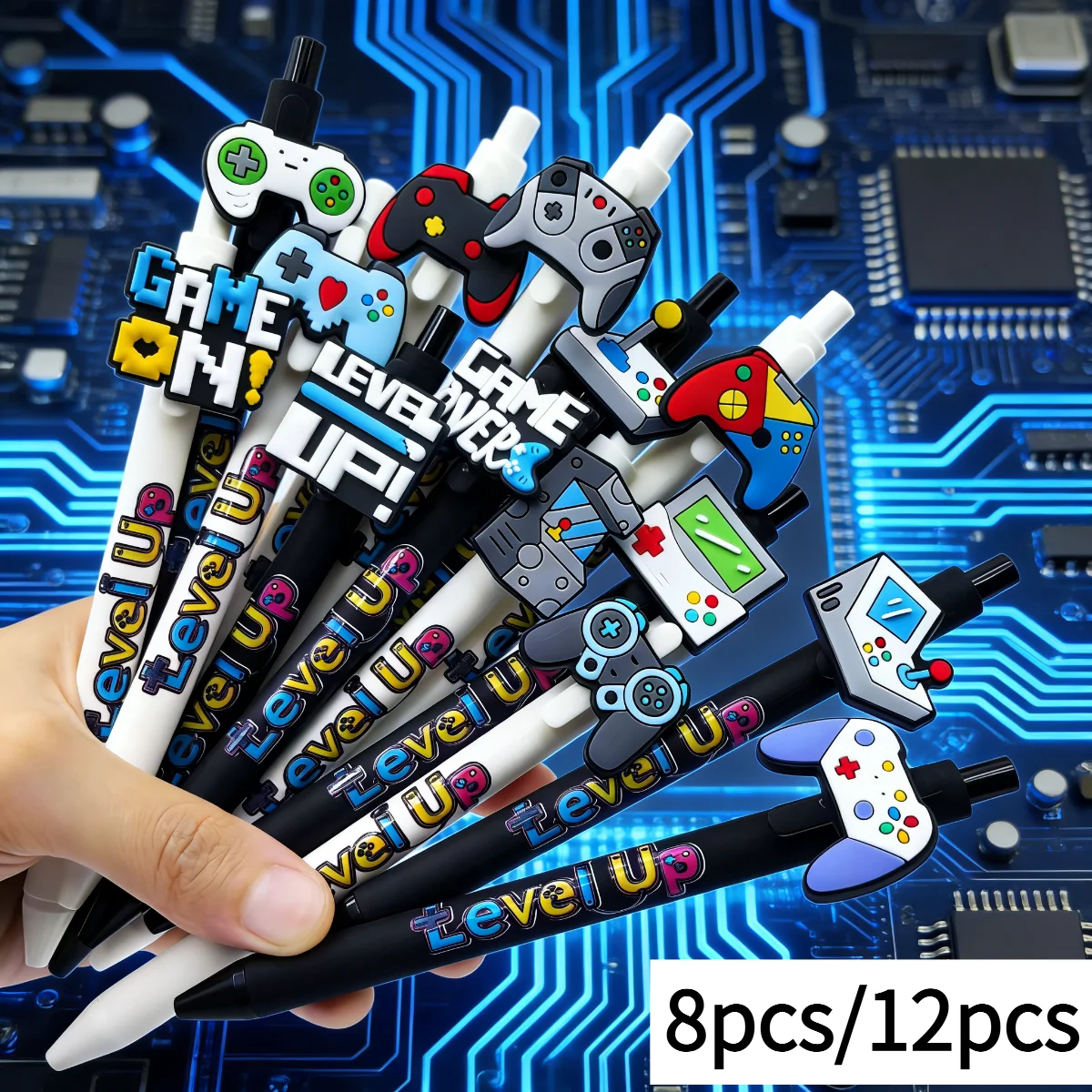 

8 штук / 12 штук шариковых ручек в форме игрового контроллера, шариковые ручки с пиксельным игровым рисунком, канцелярские ручки для офиса
