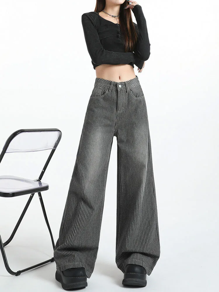 Gestreepte vintage jeans met wijde pijpen Baggy dames casual mode denim broek retro streetwear hoog getailleerde losse rechte vaqueros
