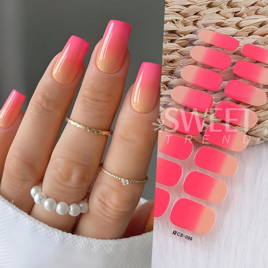 สติกเกอร์เจลสีออมเบรสำหรับเล็บ 6 ชิ้น สีชมพู ฟ้า ไล่เฉด ดีไซน์เรียบง่าย ติดง่าย ปิดเต็มเล็บ พร้อมตะไบและแท่ง
