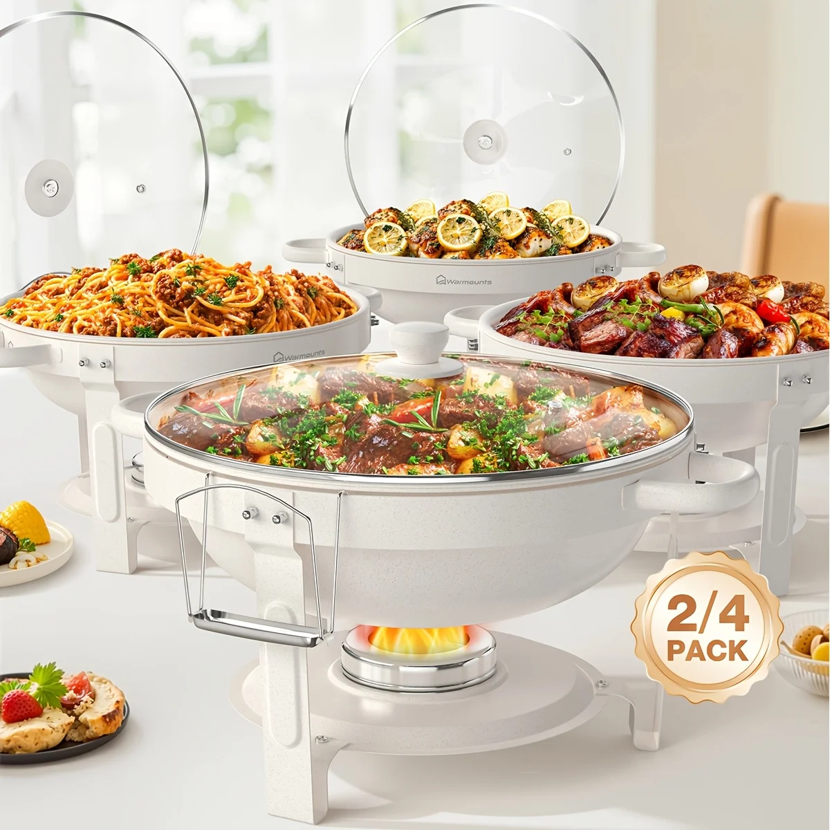 

WARMOUNTS 5QT White Chafing Dish Buffet Set with Glass Lid, 2/4pcs Maifanite-Coated Round Chafer Food Warmer with Lid Holder, Rolled Rim Stackable for Summer Party Wedding Camping Banquet & Father's Day, Only for Cooking