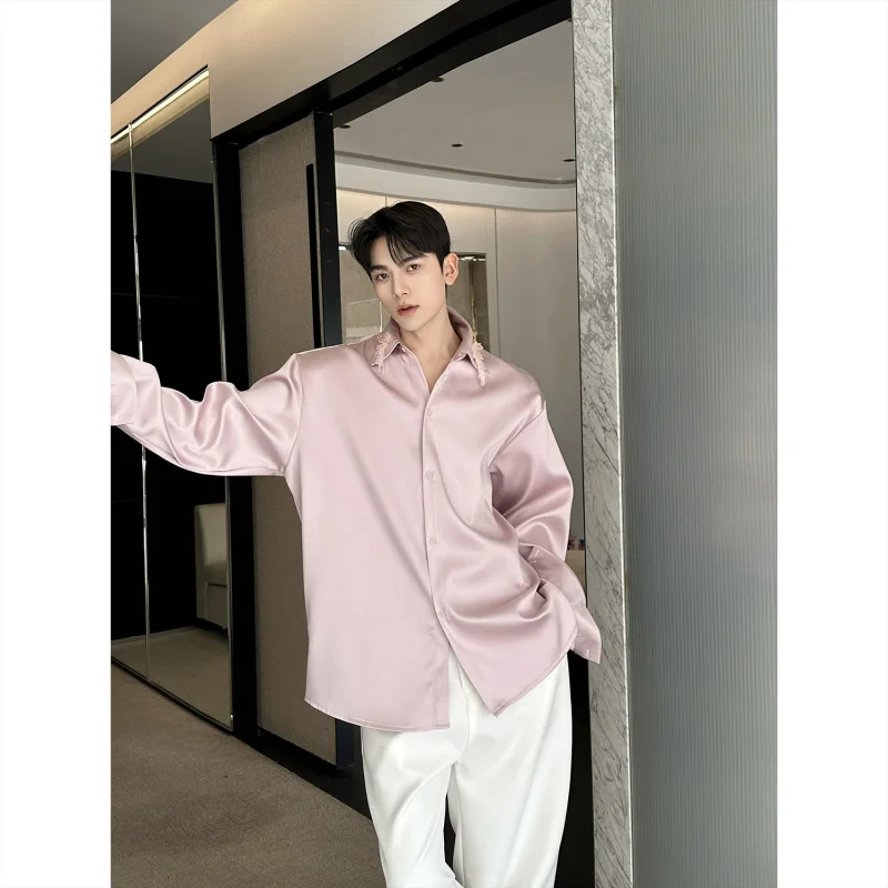 

New 2026SS Men's Pink Sequin Design Silk Satin Long Sve irt Loose Fit Stage Performance irt Trendy Drapey Feel Casual ...
