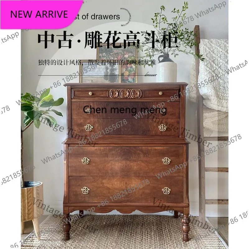 

M183 American carved solid wood high chest cabinet, living room storage storage cabinet, retro decorative chest cabinet