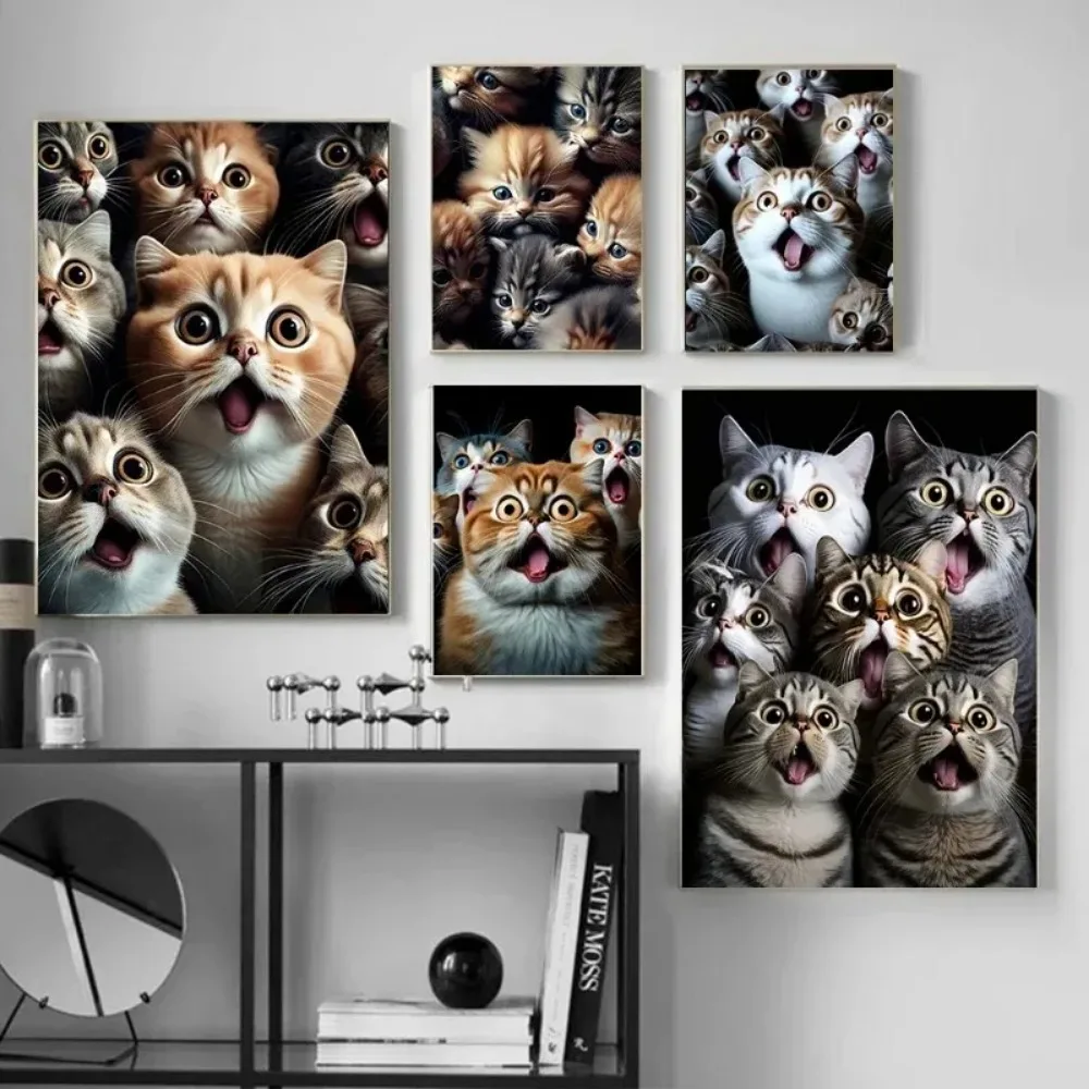 Funny Shocked Cat Posters Drinking  Beer Eating Pizza Prints Canvas Painting Wall Art Pictures for Kitchen Cafe Room Home Decor