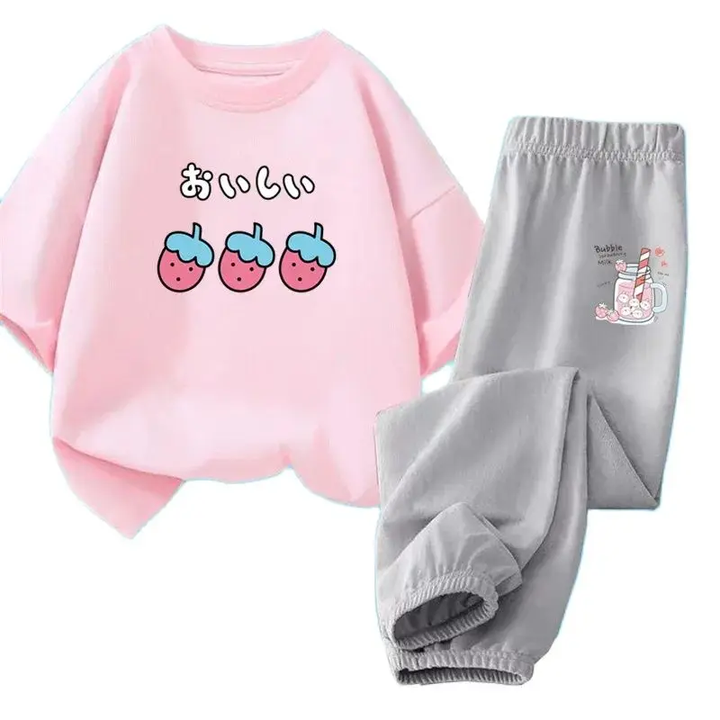 2024 Summer new cotton t-shirt trousers 2pcs Set anti-mosquito pants Girls Cartoon strawberry printing Kids Casual Outfits