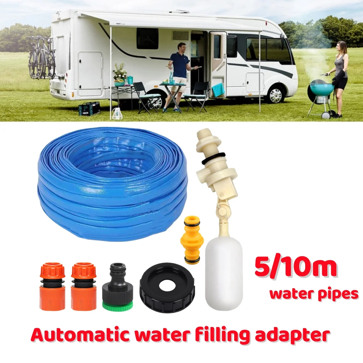 RV Water Tank Automatic Water Filling Adapter With 5/10m Food Grade Water Pipe For Aquaroll Superpitches Caravan Tank Part