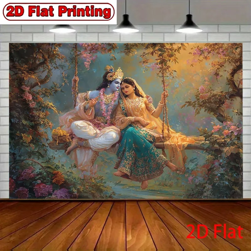 Decorative Indian Mythology Tapestry Wall Hanging Krishna Radha Polyester Print Spiritual Couple Artwork Mural for Living Room H