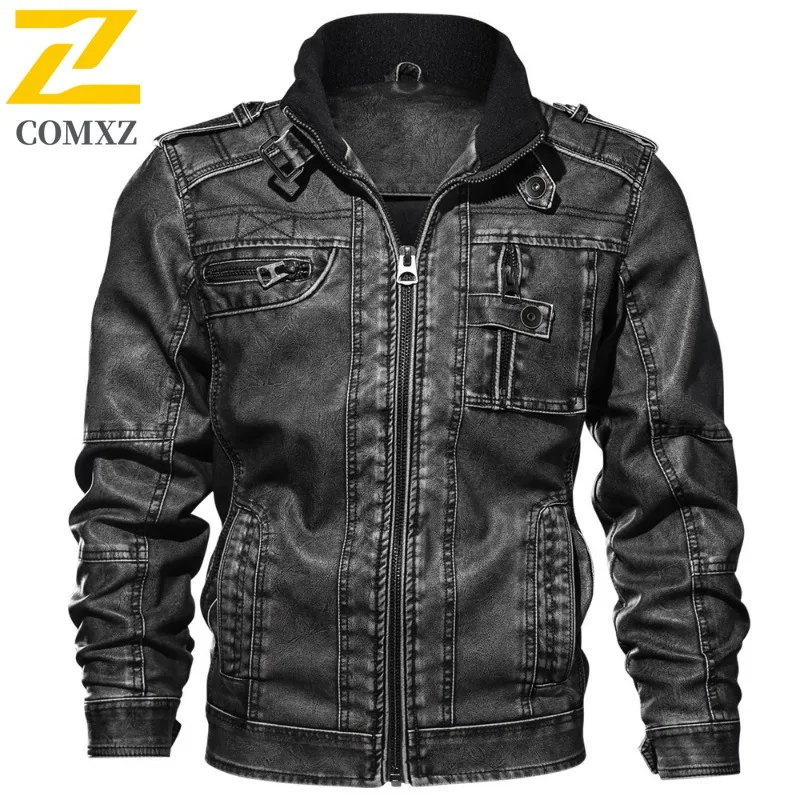 COMXZ Mens PU Leather Jacket New Trendy Stand Collar Travel Thickened Leather Coats Casual Plus Size Windproof Winter Coat​