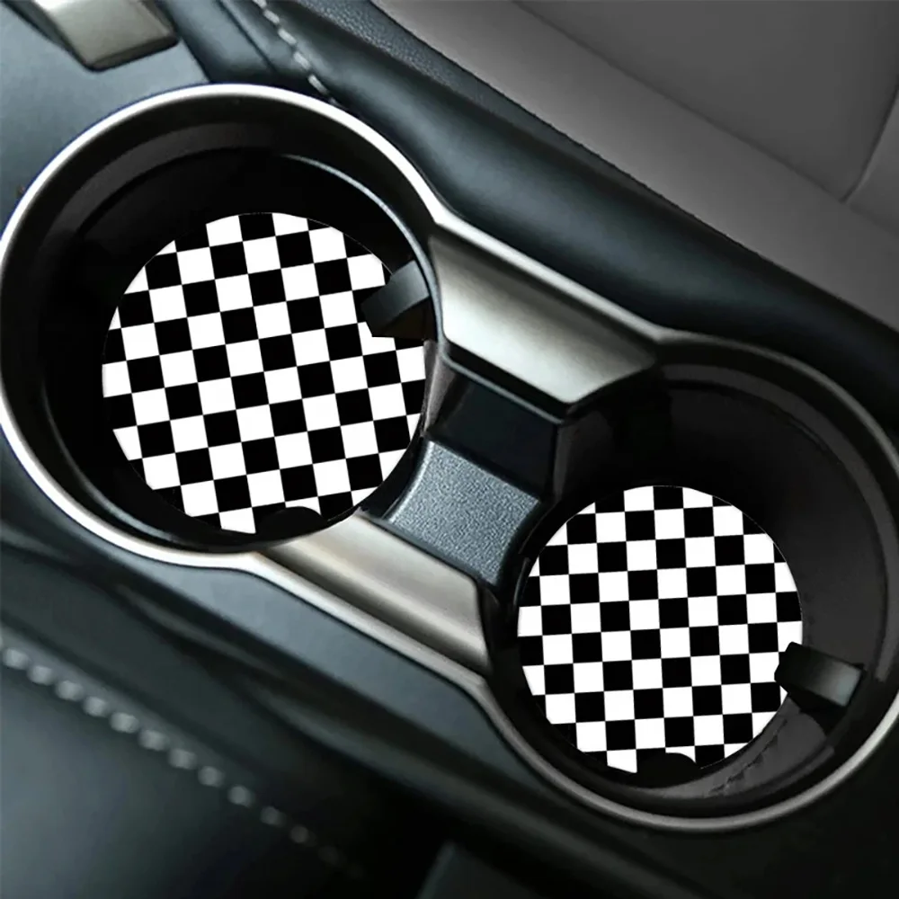 

black and white plaid pattern car coaster absorbent leather non-slip and anti-spill can be customized car decorations