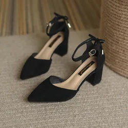Retro Woman Shoes Block Heels Closed Toe Sandals Buckle 2026 Summer Suit Female Beige Original Chunky New Girls Strap High Fashi