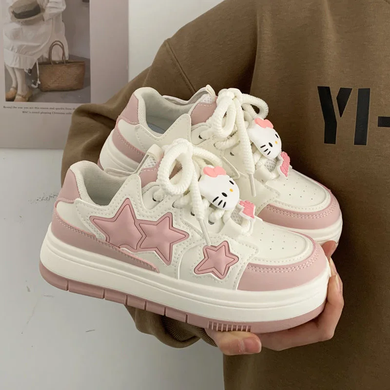 Sanrio Original Hello Kitty Platform Sneakers Preppy Style Off White Shoes Versatile Cute Big Head Shoes for Women 2024 New