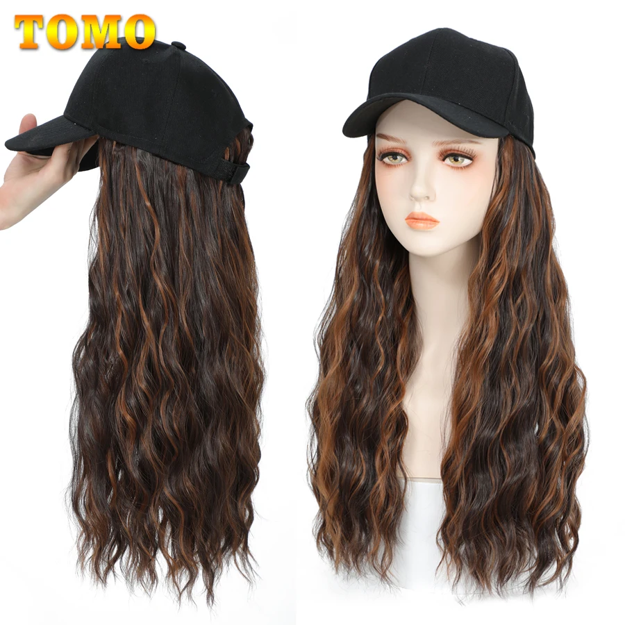 TOMO Baseball Cap With Curly Synthetic Hair Extensions For Women Long Water Wave Adjustable Hat Wig Wavy Hairstyle For Daily Use