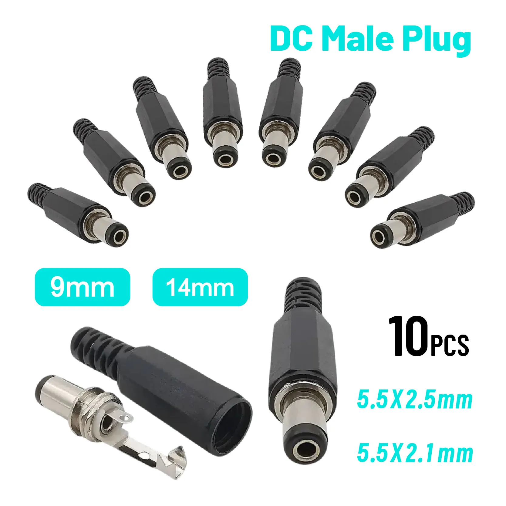 5PCS DC Power Plug 5.5x2.1x9/14mm 5.5x2.5mm DC Male Jack Adapter DIY Barrel Connector