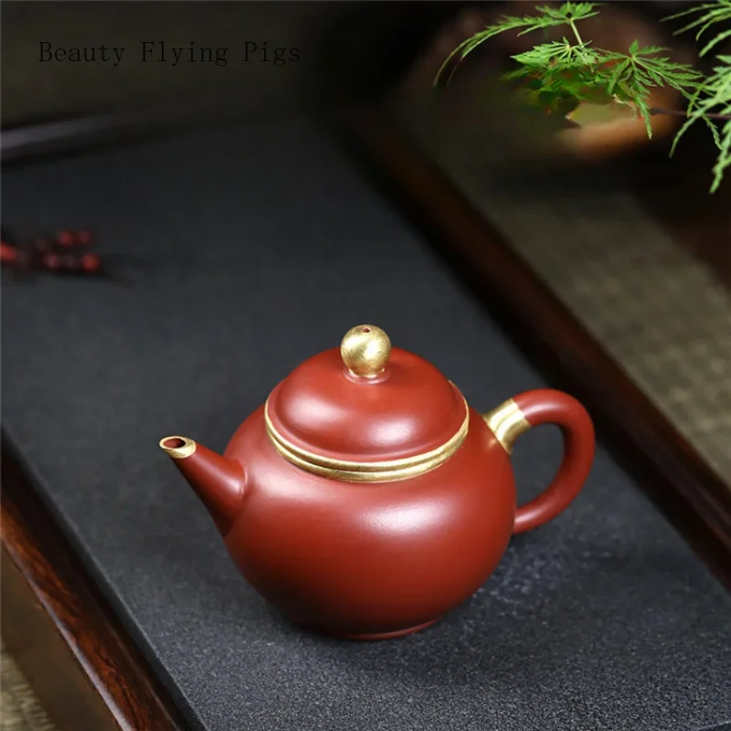 Chinese handmade gold painted purple pottery raw ore tea pot, household Dahongpao tea ceremony tea set kung fu