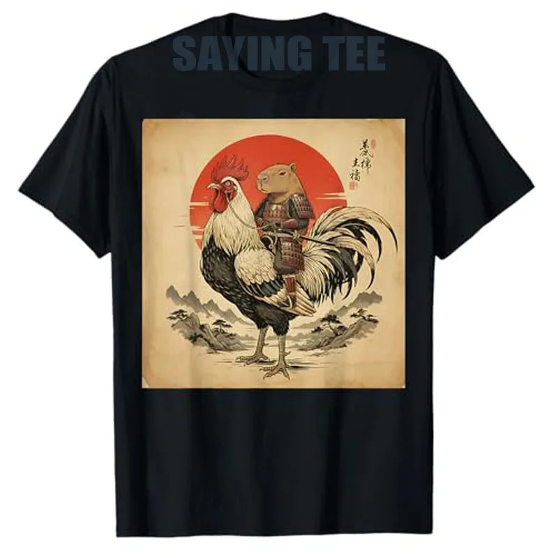 Vintage Japanese Samurai Capybara Rooster Chicken Anime T-Shirt Y2k Art Cartoon Novelty Gift Short Sleeve Tees Aesthetic Clothes