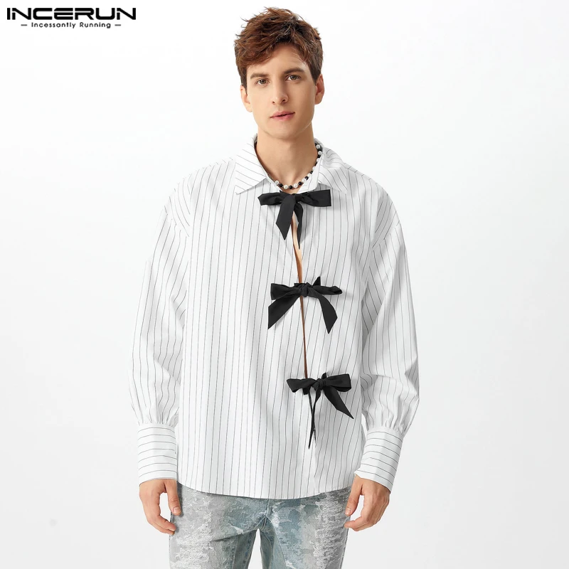 2024 Irregular Flap Stripes Splicing Shirts INCERUN Men Casual Long Sleeve Tops Elegant Lapel Collar Bow Bindings Commuting Tees