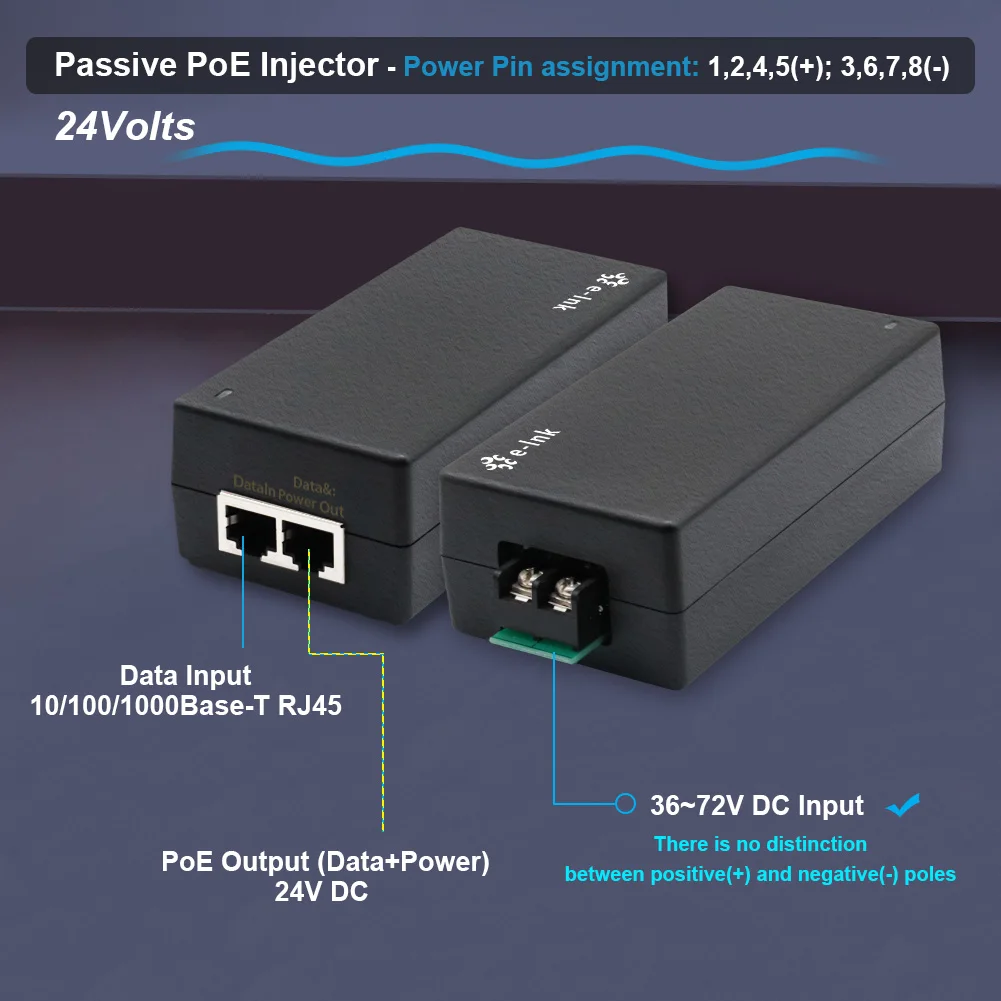 Gigabit Passive PoE Injector 24W POE Adapter 36-72V DC Input 24V PoE Output Converter (Not for 802.3af/at devices)