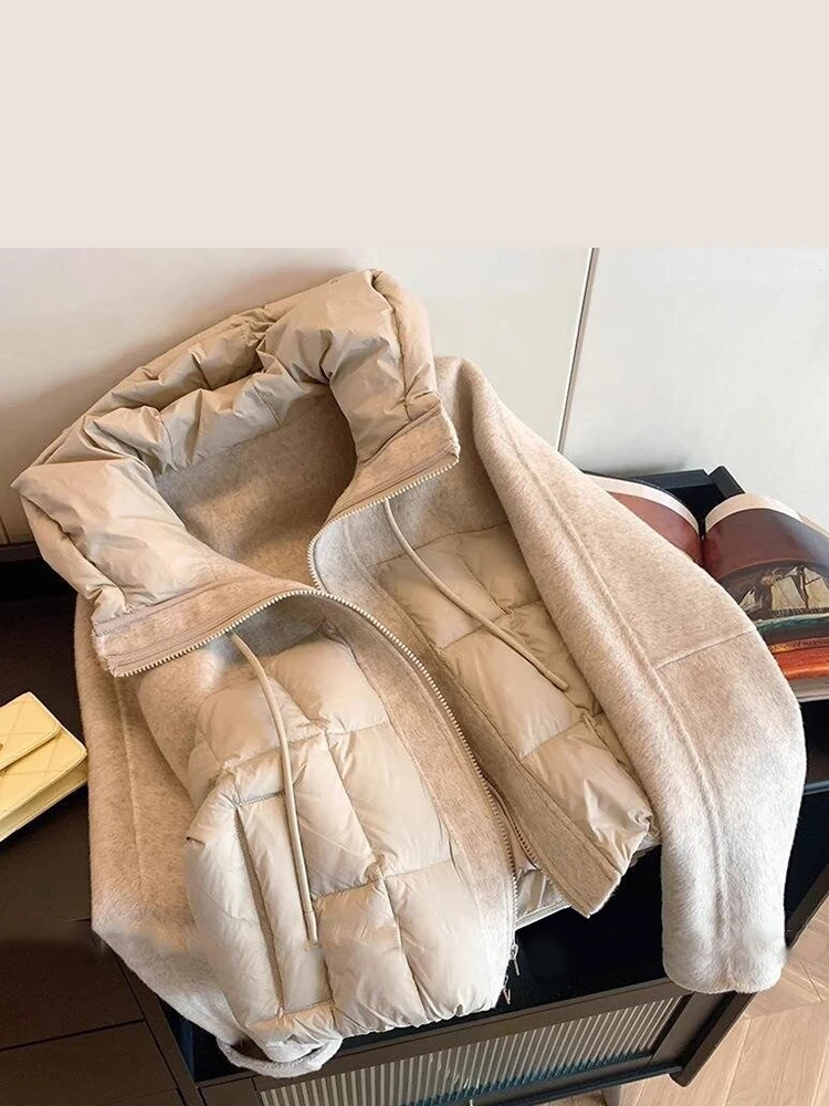 Women Mixed Fabric Spliced Puffer Jacket Hooded Drawstring Zip Up Long Sleeve Quilted Warm Cropped 2026 New Ladies Outerwear