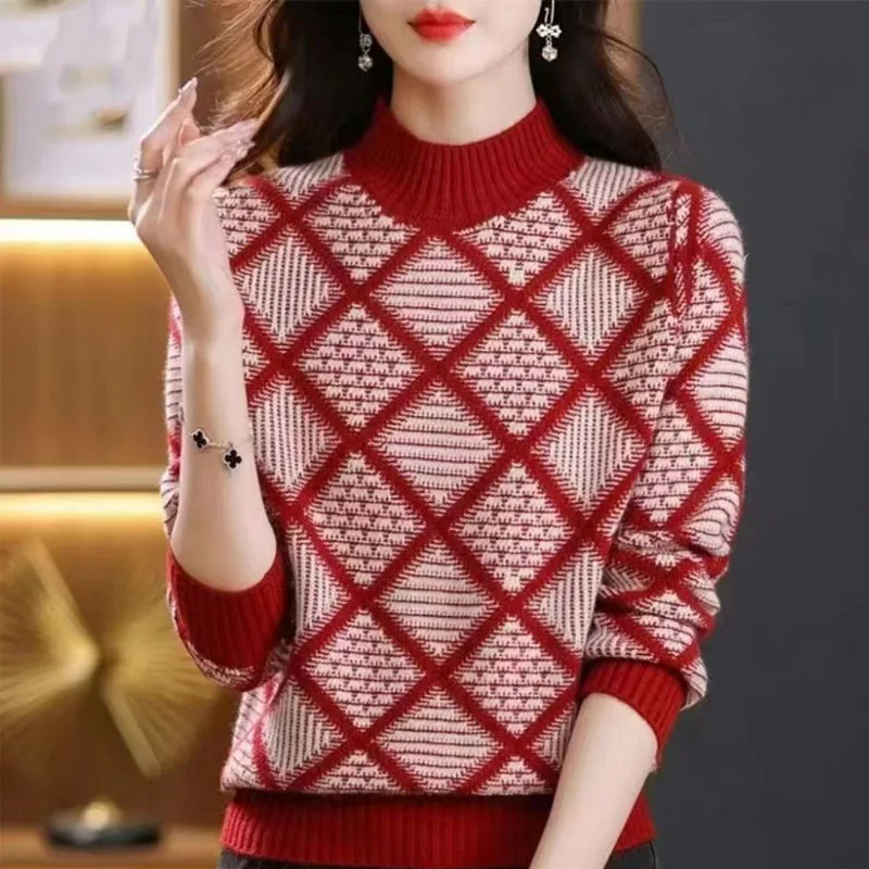 

New Autumn/Winter Fashion Korean Half High Collar Colored Collar Plus Plush Thickened Loose and Versatile Slim Women's Sweater