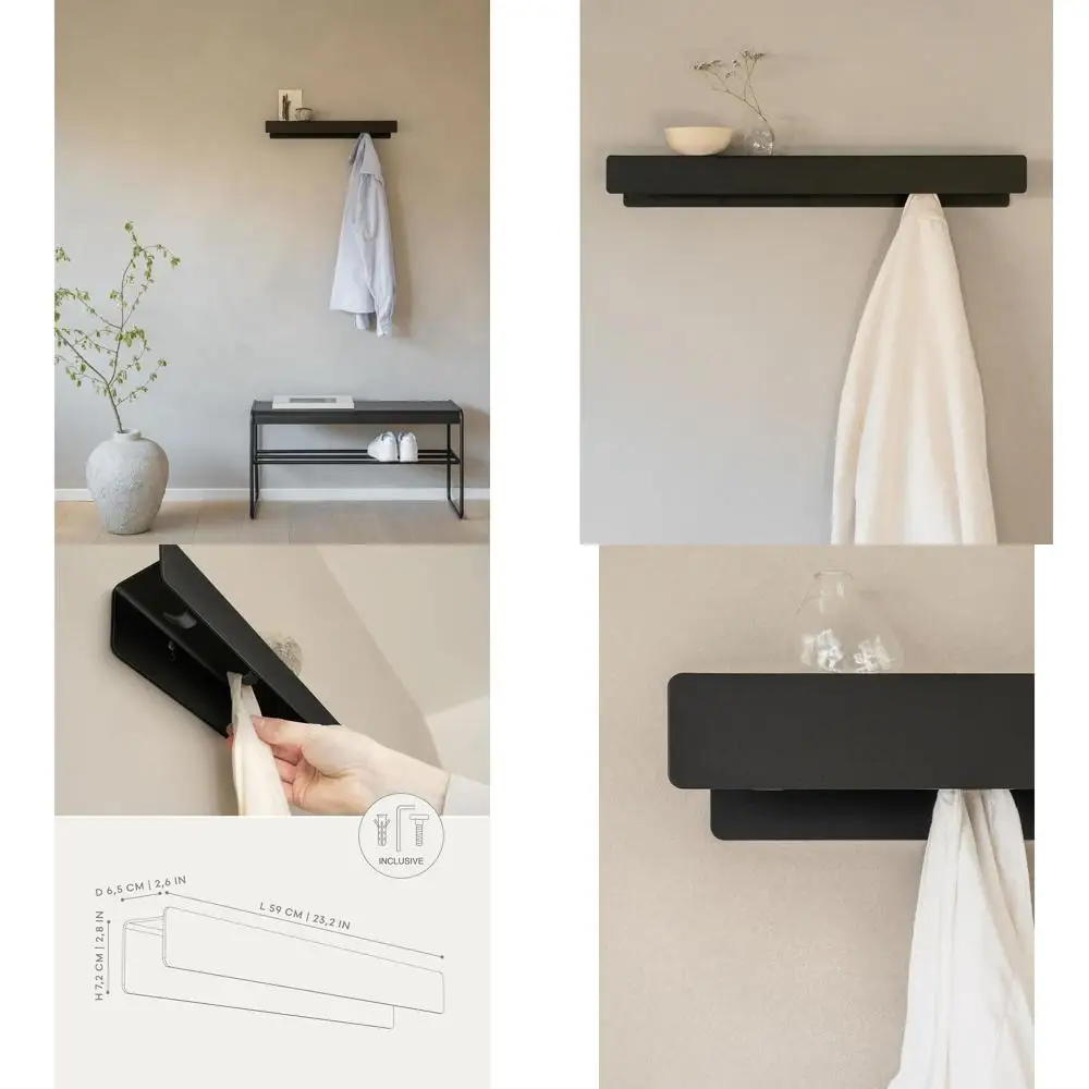 

Современная металлическая настенная вешалка для одежды со скрытыми крючками и полкой | Прочная вешалка для прихожей | Черный