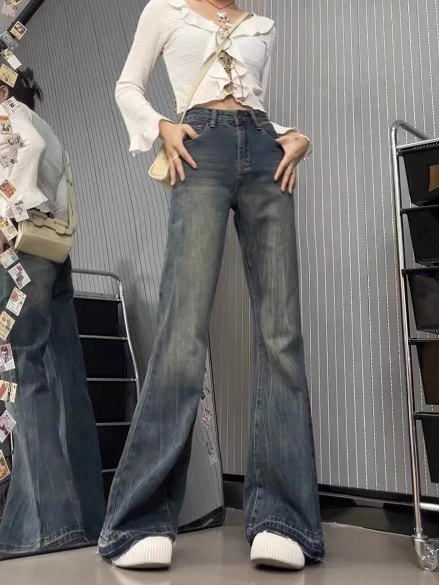 

Retro Flared Denim Jeans High Waist Wide Leg Pants Women's Autumn Winter plus Size American Sle Slimming Faded Jeans